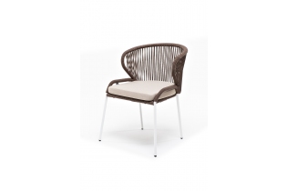 «Милан» плетеный стул из роупа, каркас алюминиевый белый, роуп коричневый, подушка бежевая