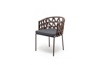 «Диего» плетеный стул из роупа, каркас стальной коричневый, роуп коричневый, подушка темно-серая