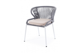 «Милан» стул плетеный из роупа, каркас алюминий белый шагрень, роуп светло-серый круглый, ткань бежевая