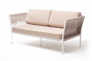 «Касабланка» диван 2-местный плетеный из роупа, каркас алюминий светло-серый (RAL7035) шагрень, роуп серо-коричневый 23мм, ткань бежевая интерьерная