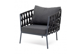 «Диего» кресло плетеное из роупа, каркас алюминий светло-серый (RAL7035) шагрень, роуп бежевый круглый, ткань светло-серая
