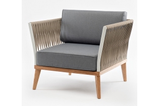 «Касабланка» кресло плетеное из роупа, основание дуб, роуп серо-коричневый 23мм, ткань серая