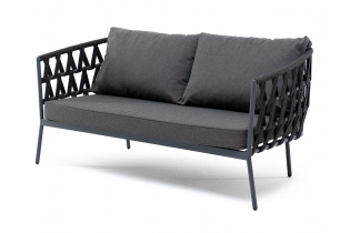 «Диего» диван 2-местный плетеный из роупа, каркас алюминий темно-серый (RAL7024), роуп темно-серый круглый, ткань темно-серая
